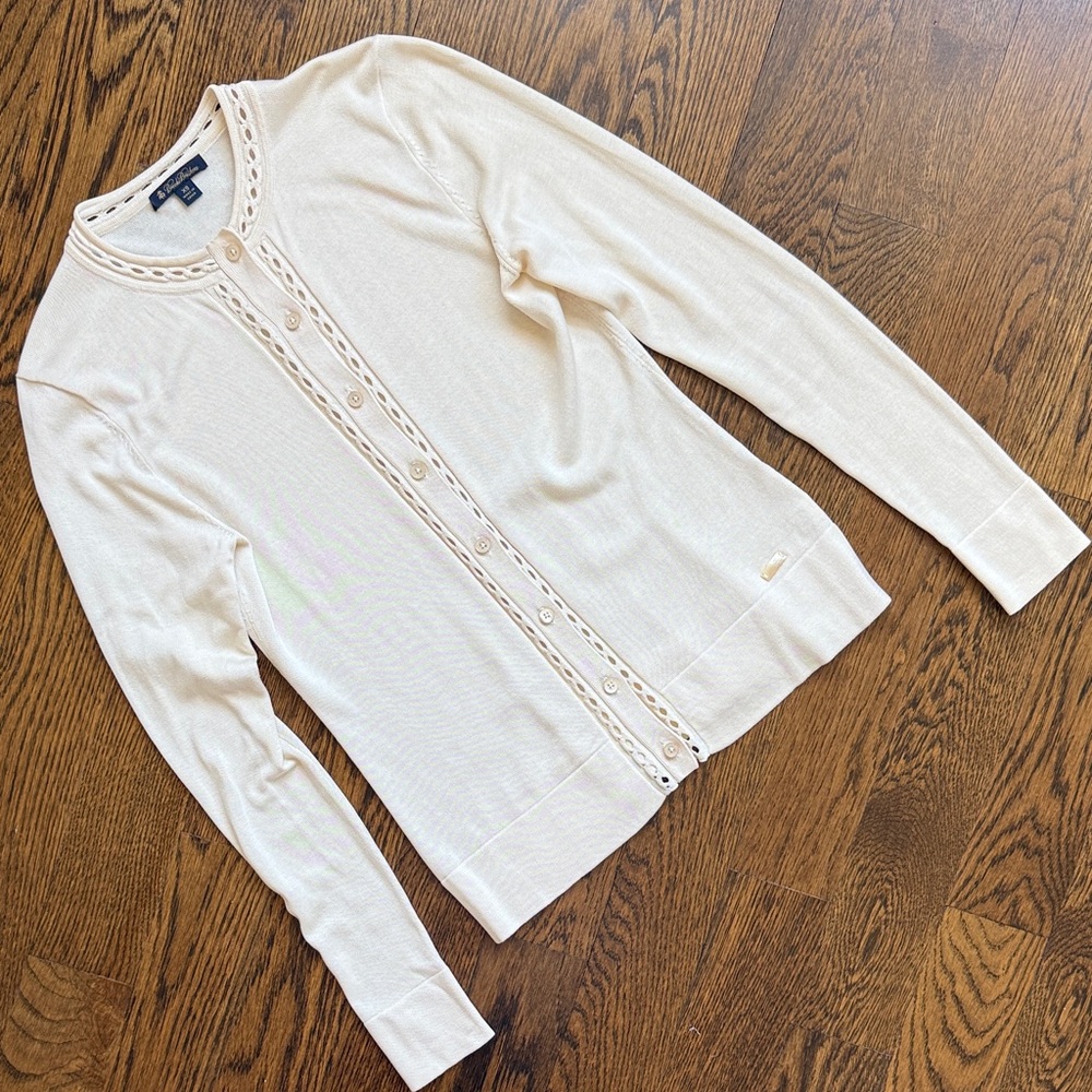 Brooks Brothers Cream Eyelet-Trim Button Silk Blend Cardigan